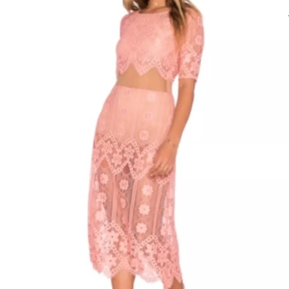 For Love and Lemons Pink Nude Mesh Lace Midi Dress